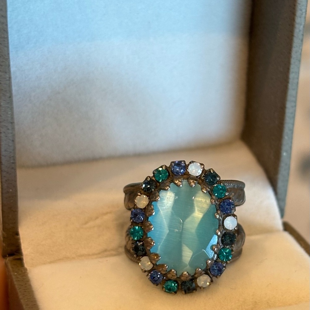 Sorrelli Electric Blue Crystal Adjustable Antique Silver Signed Vintage Ring